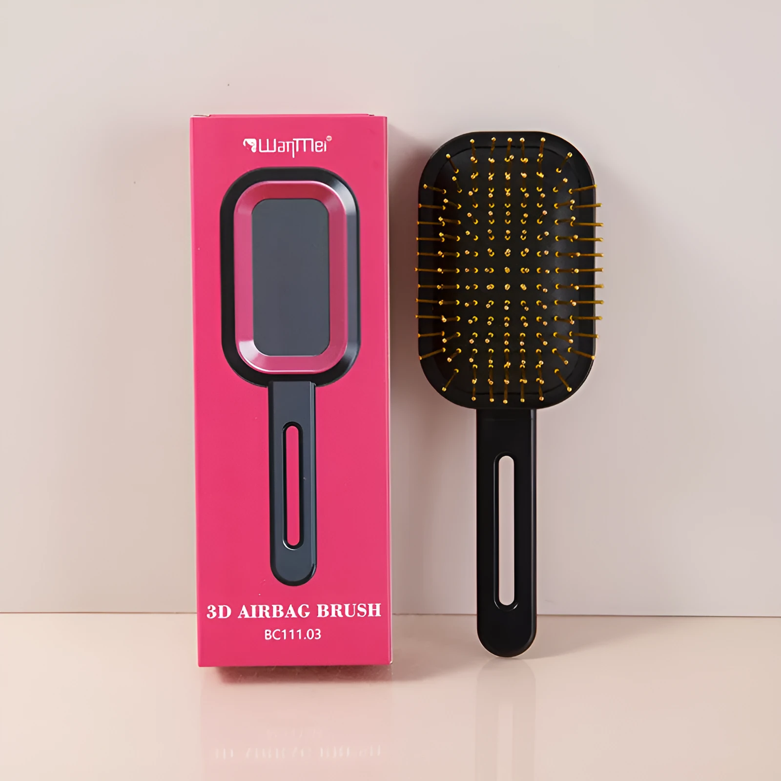 3D air cushion comb with ABS steel needles in boxed gift packaging, over 20cm length, black handle with pink ring