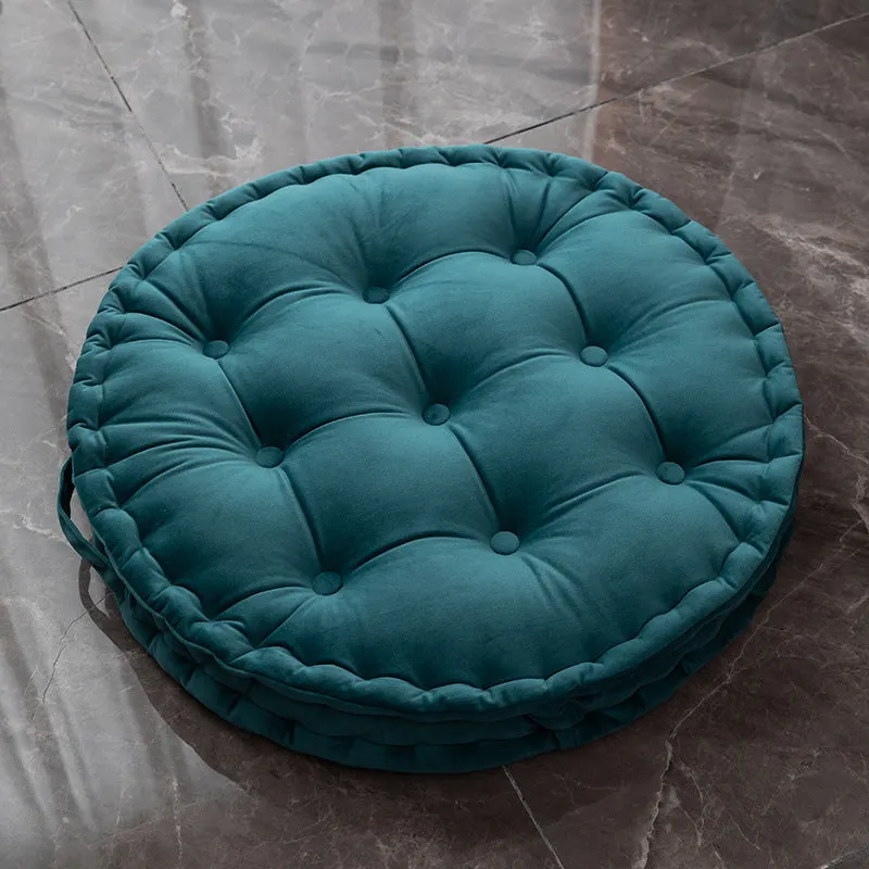 Round floor cushion in dark red showing 60cm diameter polyester futon style