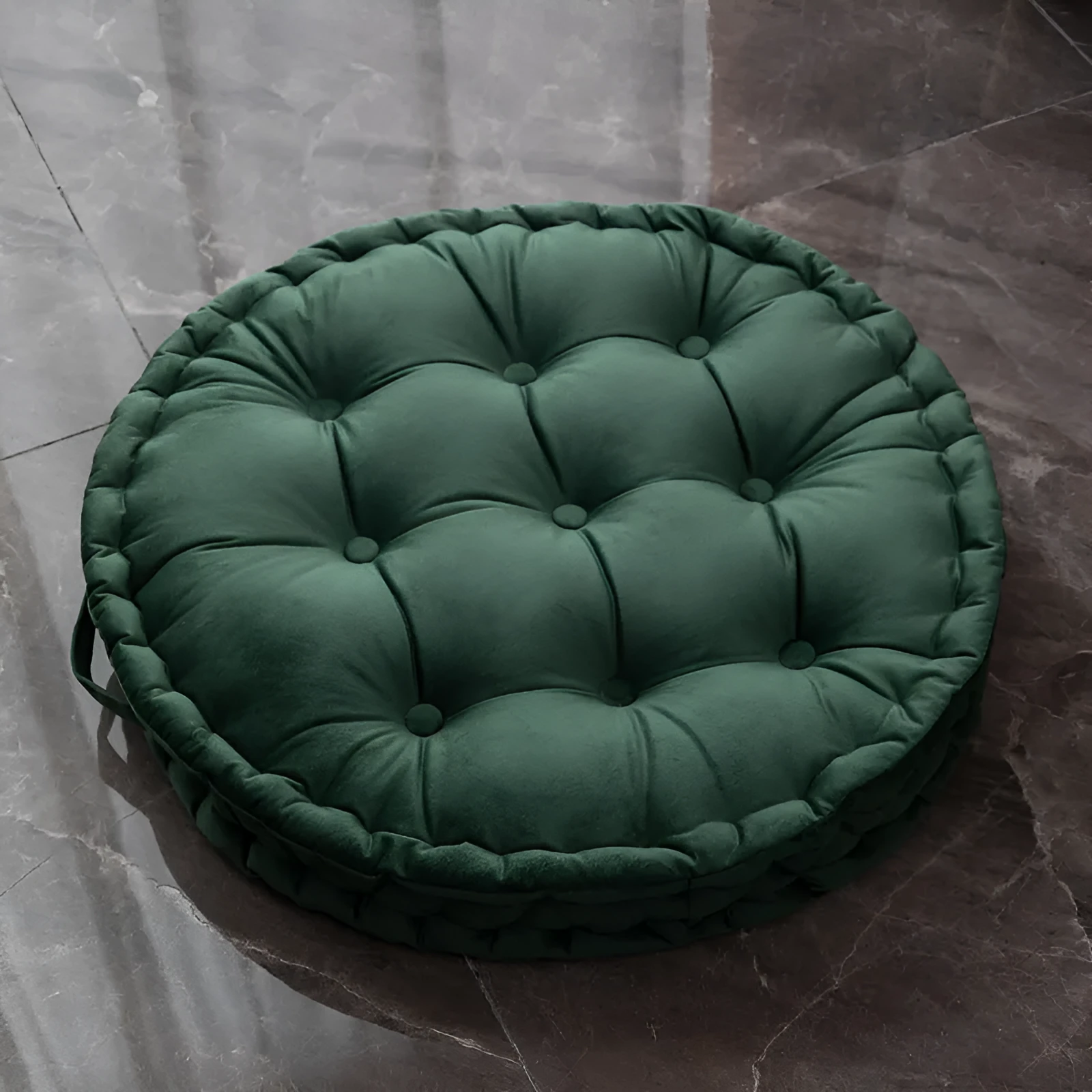 Round floor cushion in dark red showing 60cm diameter polyester futon style