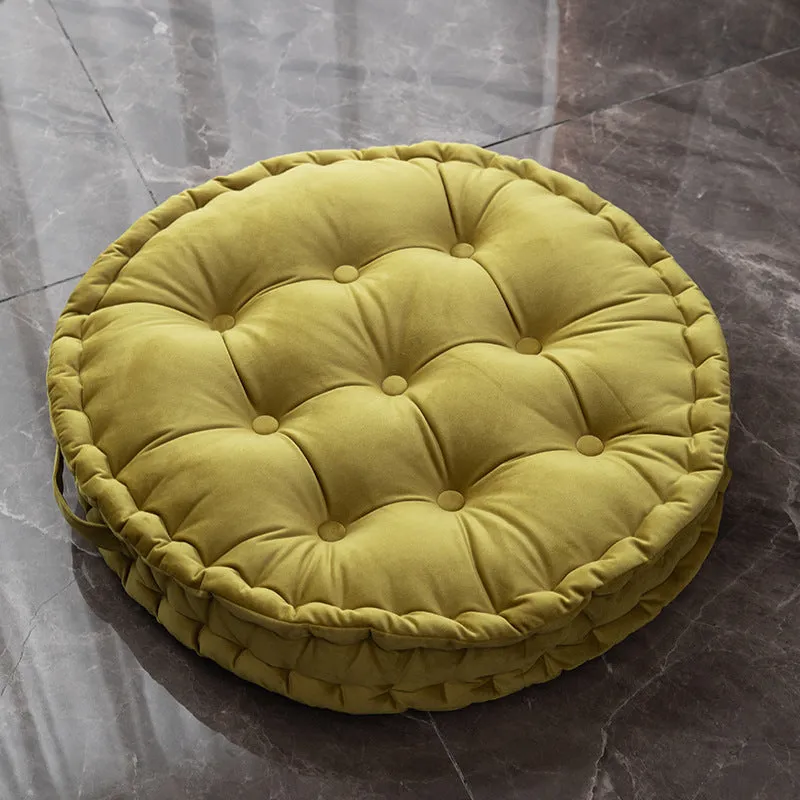 Round floor cushion in dark red showing 60cm diameter polyester futon style
