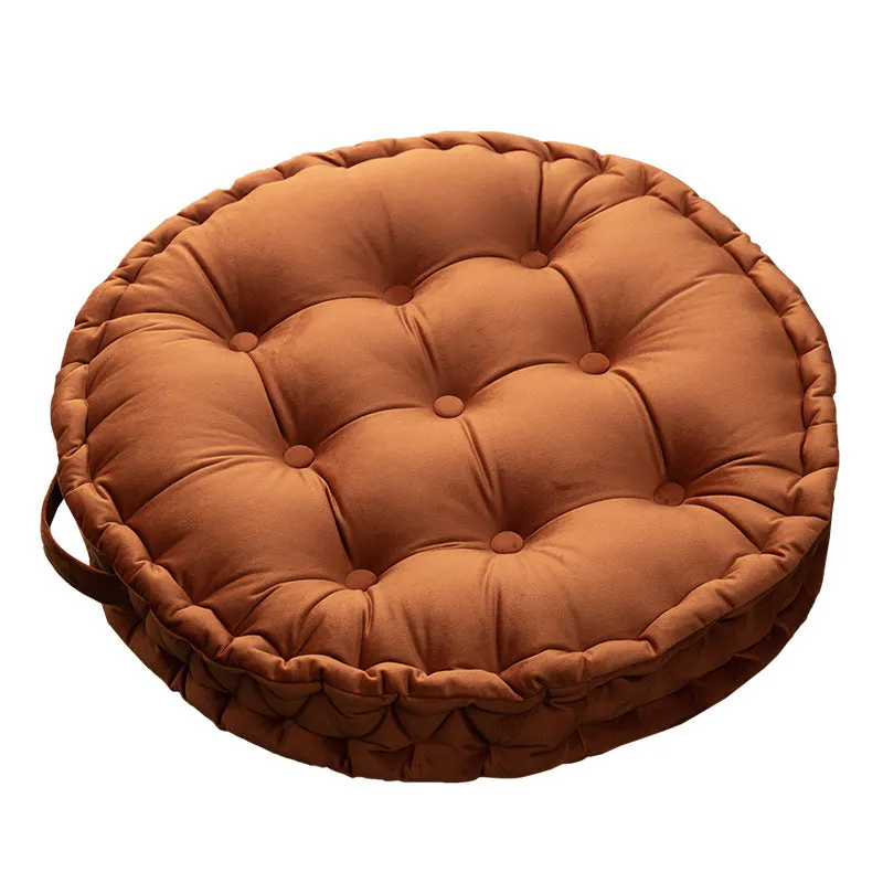 Round floor cushion in dark red showing 60cm diameter polyester futon style