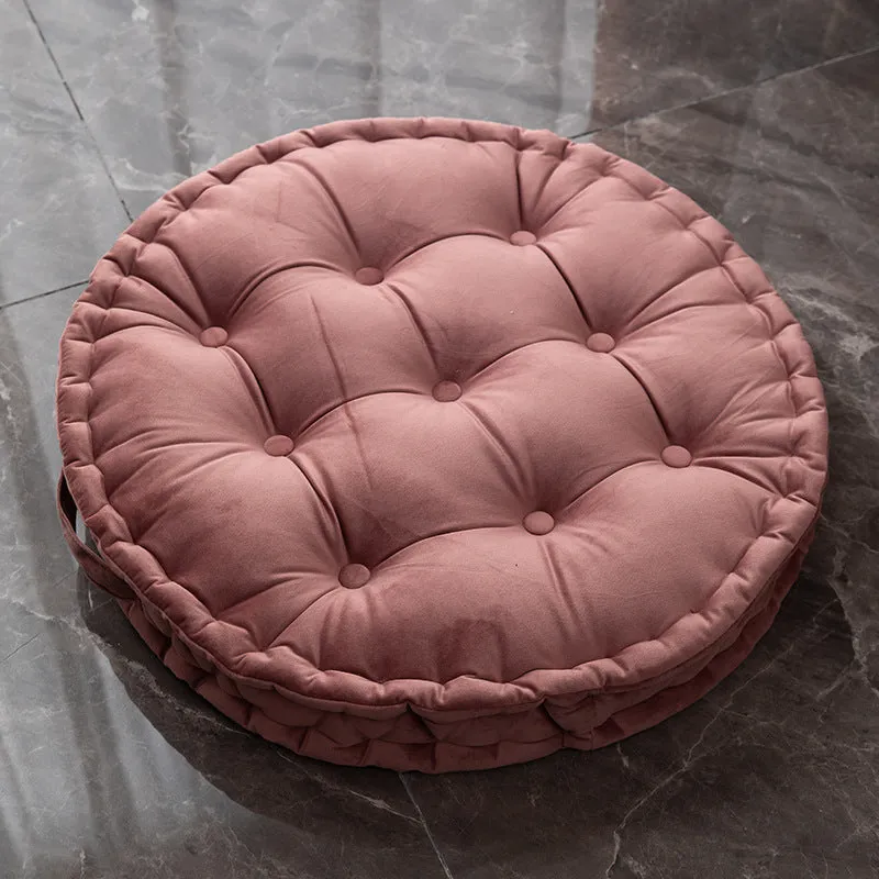 Round floor cushion in dark red showing 60cm diameter polyester futon style