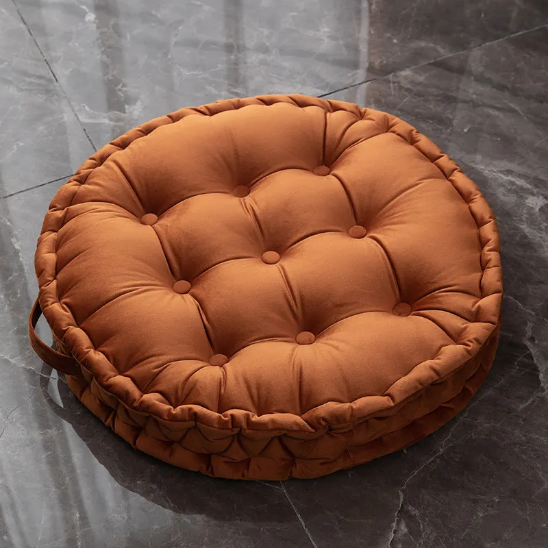 Round floor cushion in dark red showing 60cm diameter polyester futon style