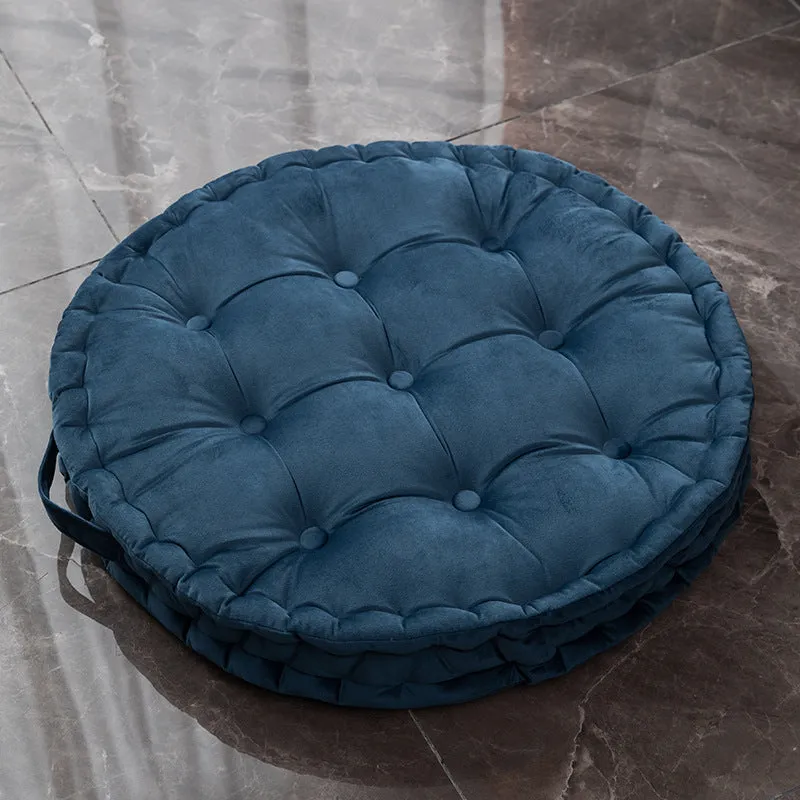 Round floor cushion in dark red showing 60cm diameter polyester futon style