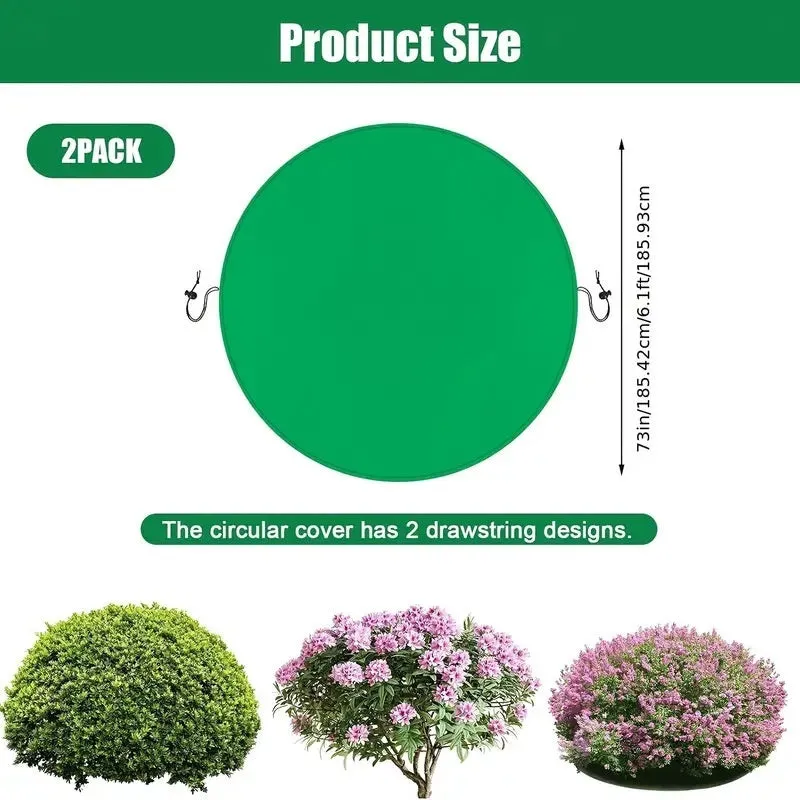 Round green non-woven plant frost cover with drawstring resting on grass, showing 1.9m diameter size