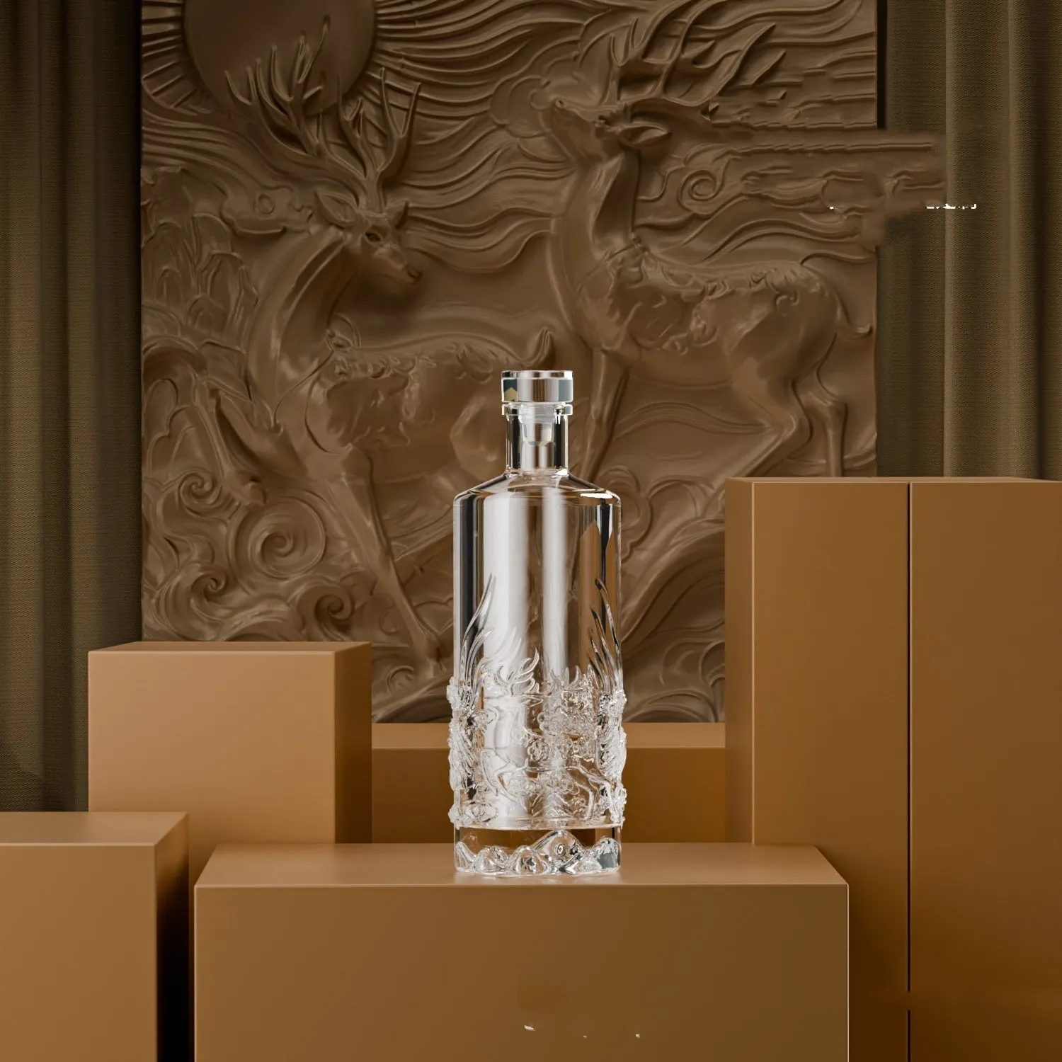 Two crystal glass wine bottles with deer design in a gift set with boxes and handbag