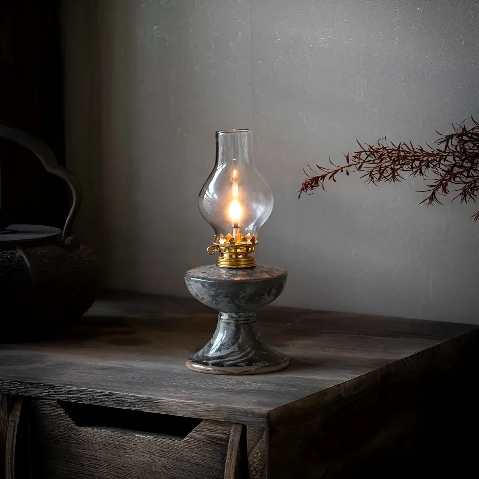 Retro split design decorative night light antique handmade kerosene lamp black Shino underglaze finish 23.8cm height on wooden shelf