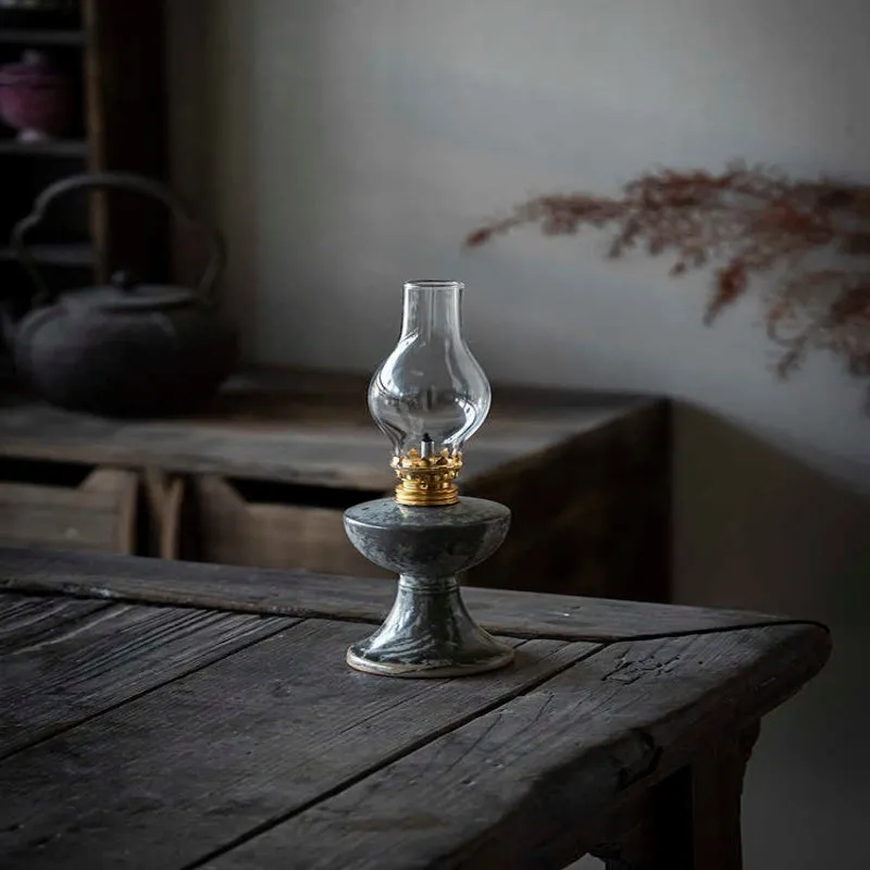 Retro split design decorative night light antique handmade kerosene lamp black Shino underglaze finish 23.8cm height on wooden shelf