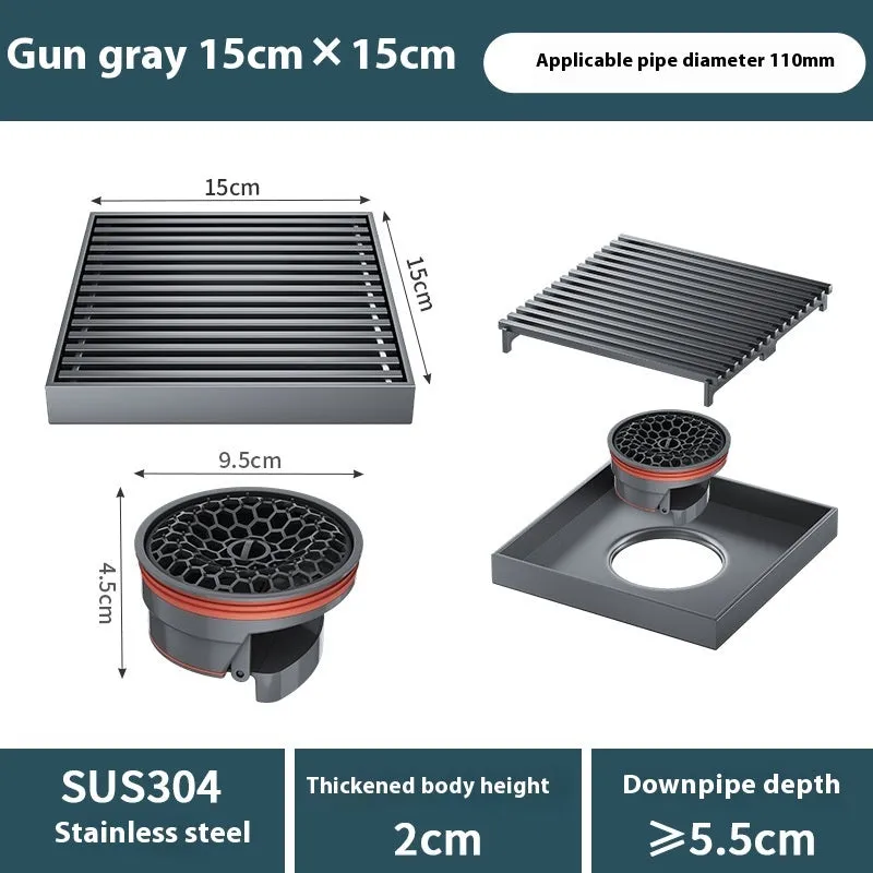 Gun grey 304 stainless steel courtyard floor drain with a 15x15cm grating.
