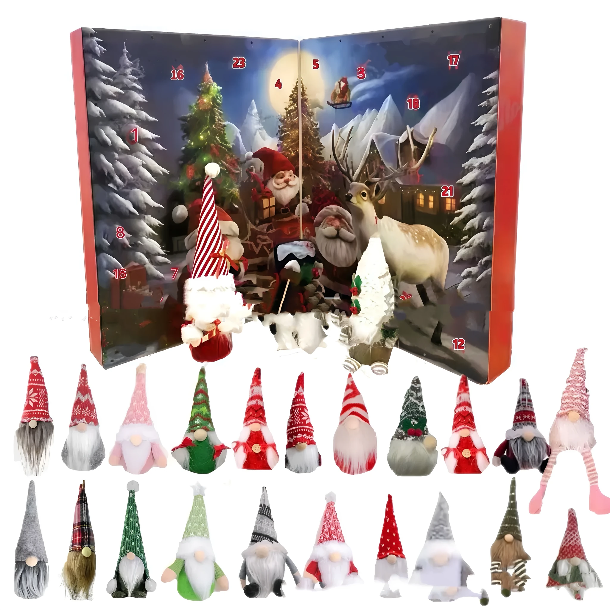2025 Christmas Gnome Arrival Calendar with 3 plush gnomes and 21 soft rubber figures, double opening I colour design