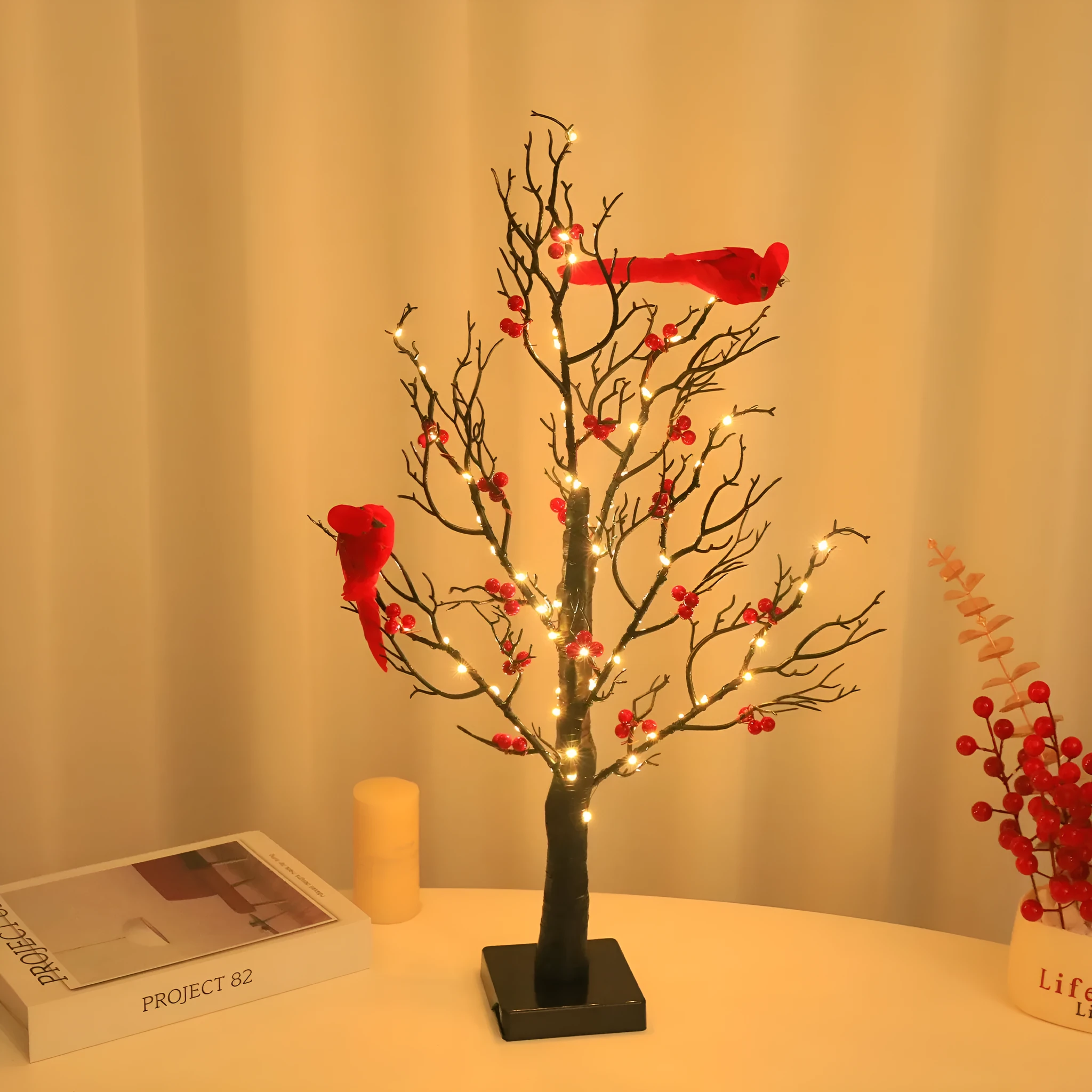 Luminous red bird winding tree lamp with 60 lights and 53CM plastic body for indoor decorative use