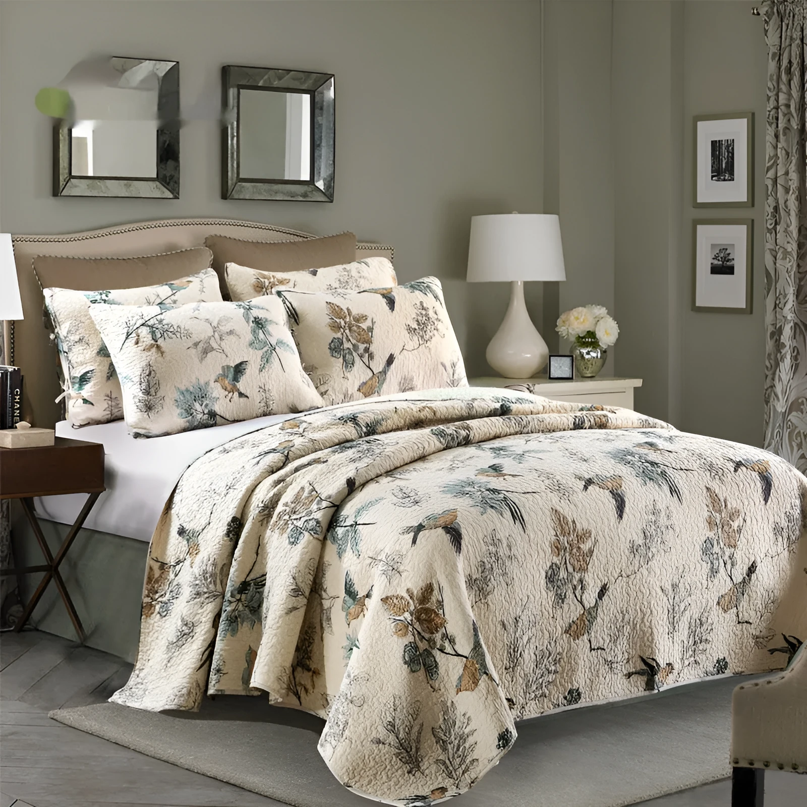 Quilted pure cotton bed cover set with printed pattern on bed, includes two pillowcases.