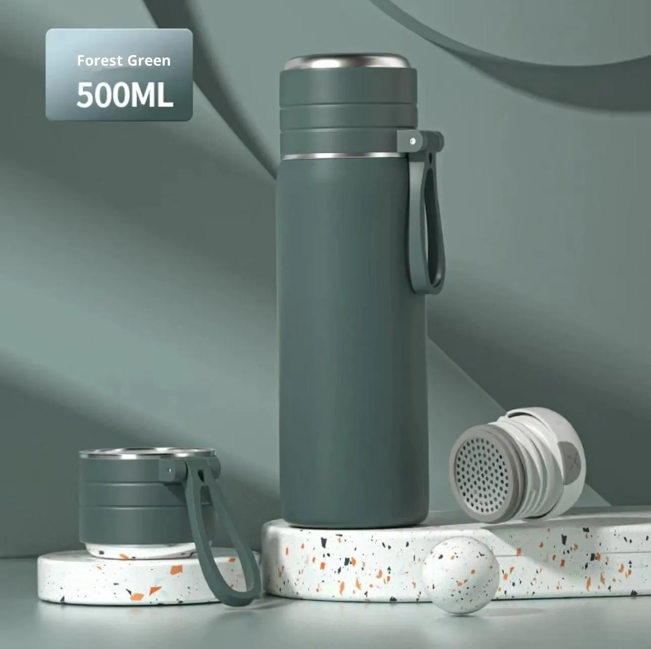 316 stainless steel thermos cup with tea separation, 500ml capacity, army green colour