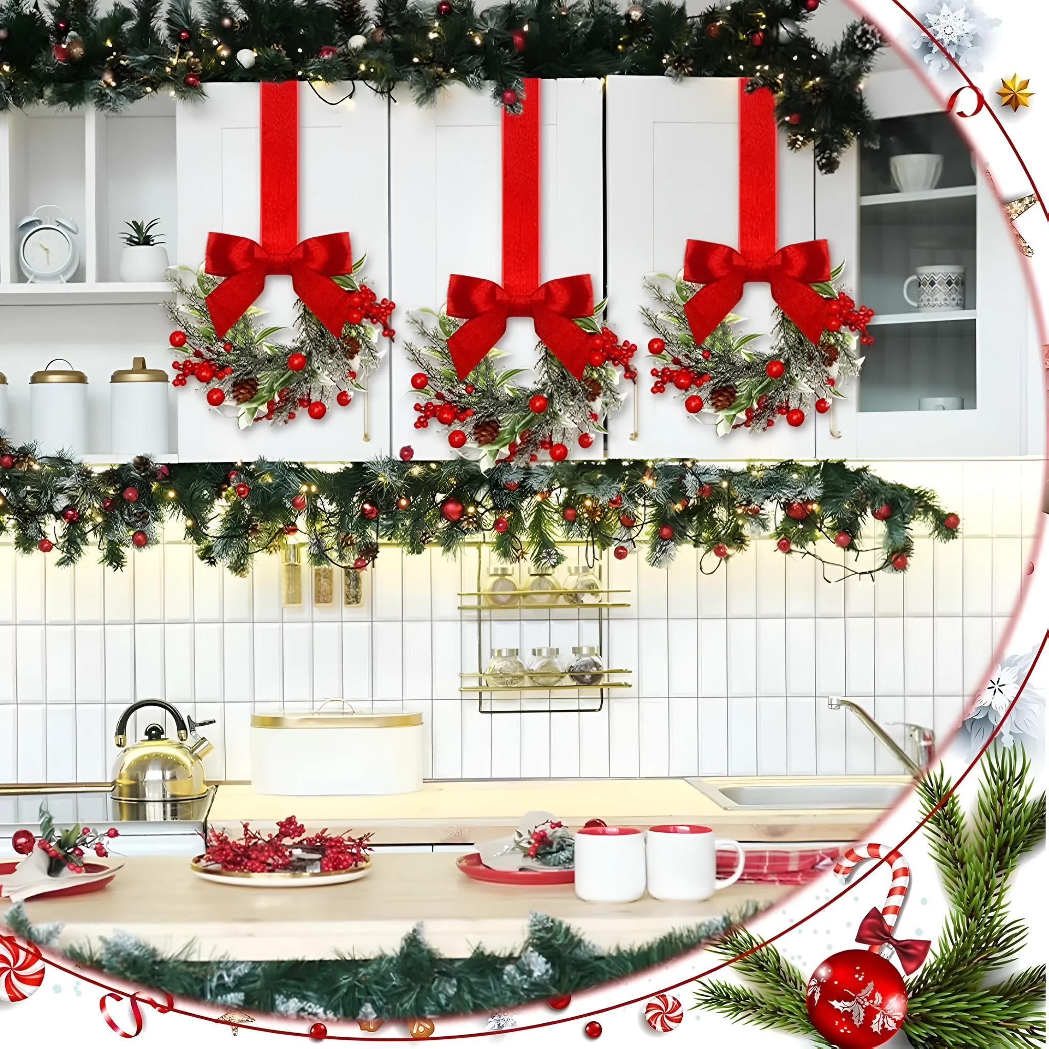 Handmade plastic Christmas garland with bowknot ribbon in red pine cone colour