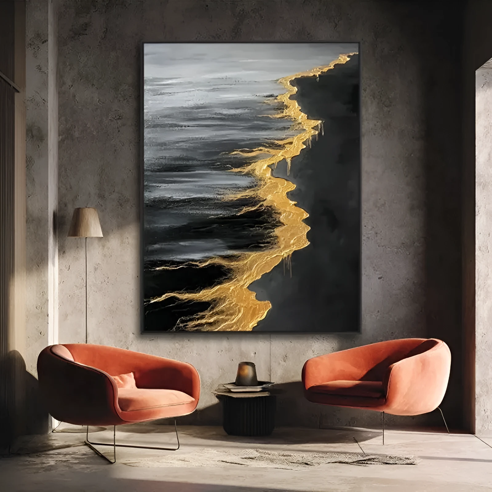 Handmade abstract golden beach and waves oil painting on canvas for living room decor