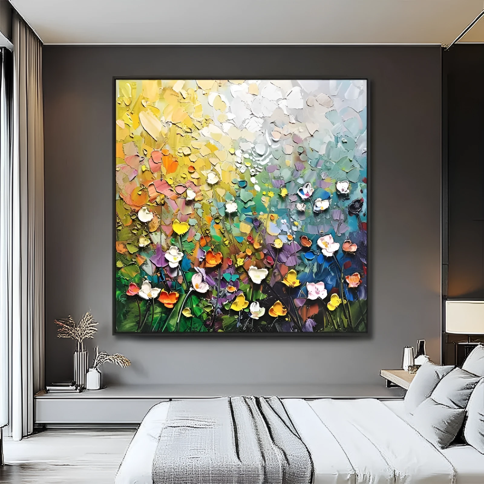 Handmade abstract thick oil 3D palette knife flowers painting on square canvas, hand-drawn oil painting art for living room