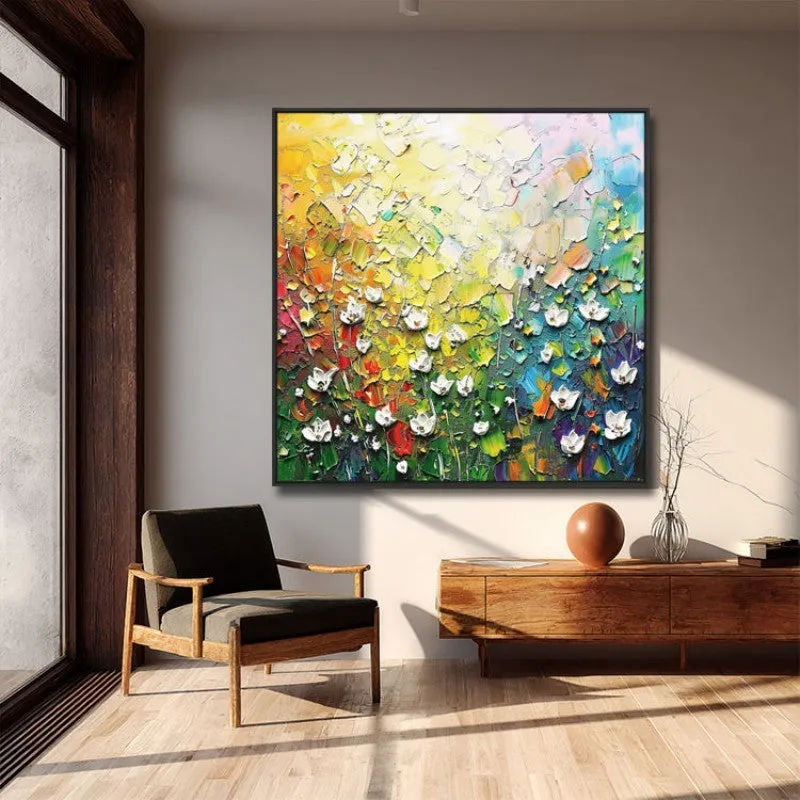 Handmade abstract thick oil 3D palette knife flowers painting on square canvas, hand-drawn oil painting art for living room