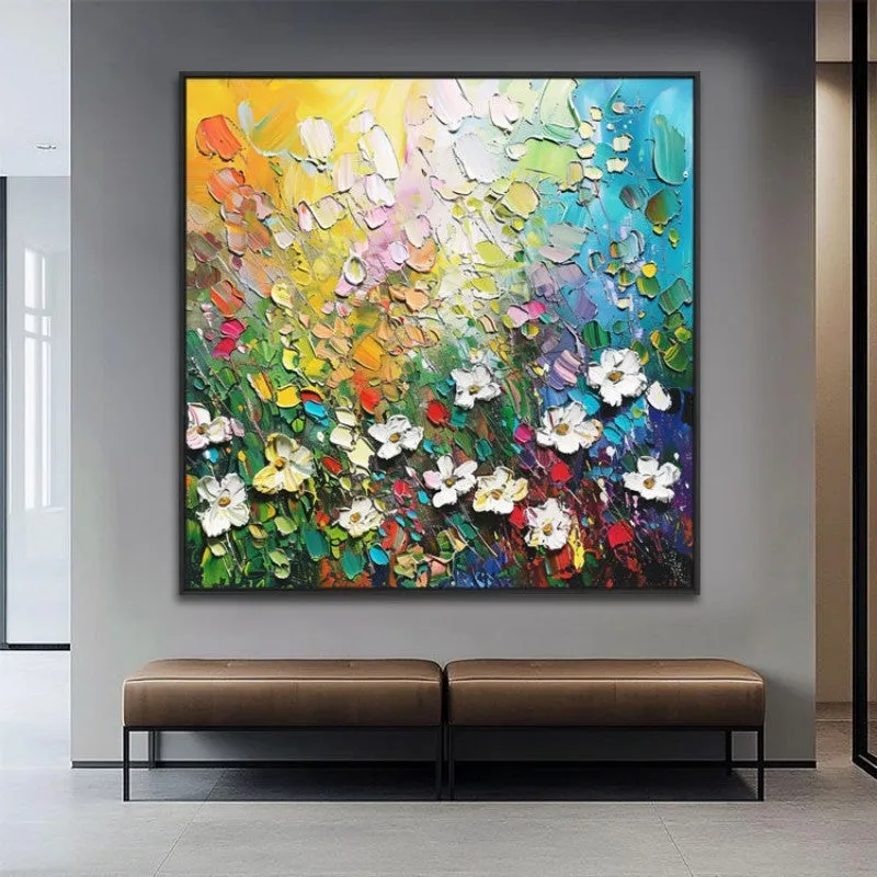 Handmade abstract thick oil 3D palette knife flowers painting on square canvas, hand-drawn oil painting art for living room
