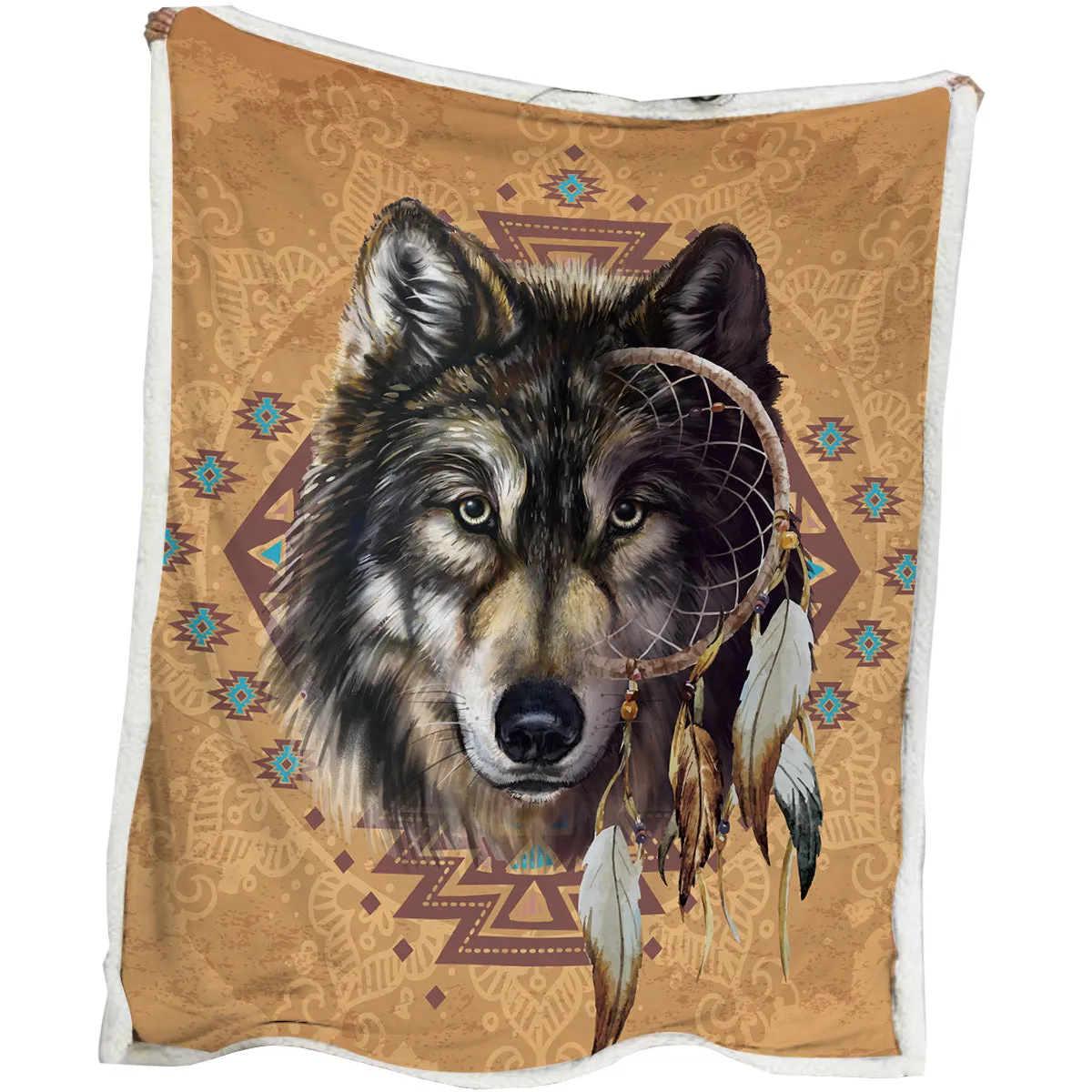 Brown Sherpa fleece throw blanket with wolf head pattern on a couch