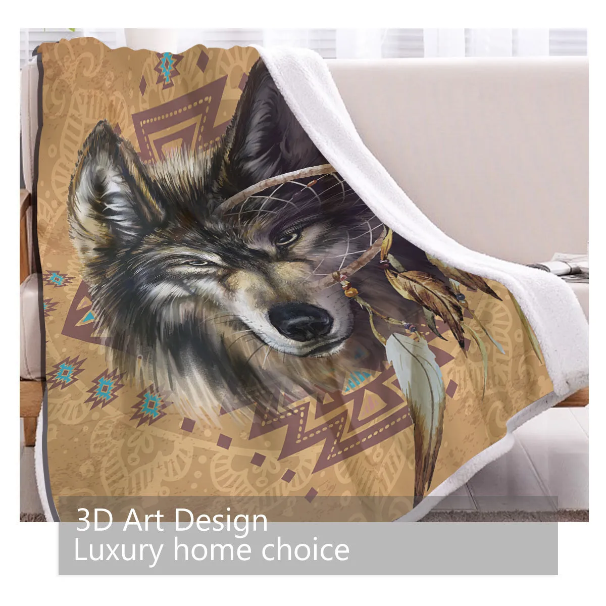 Brown Sherpa fleece throw blanket with wolf head pattern on a couch