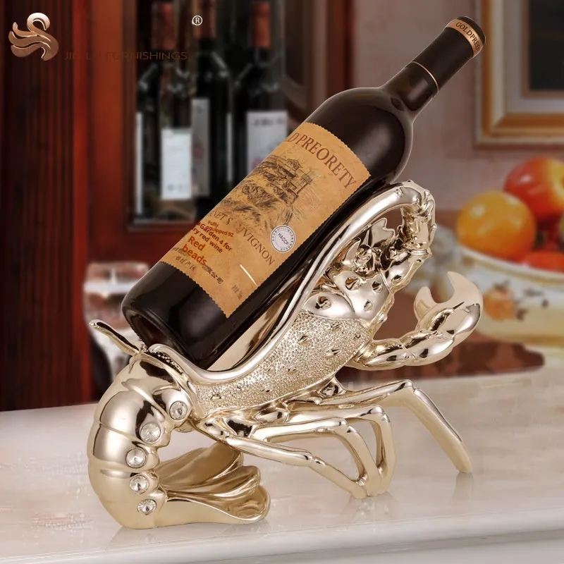 Lobster-shaped resin wine rack in silver or rose gold holding two bottles