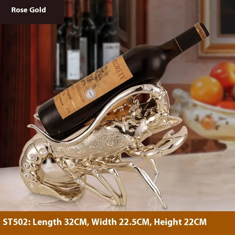 Lobster-shaped resin wine rack in silver or rose gold holding two bottles