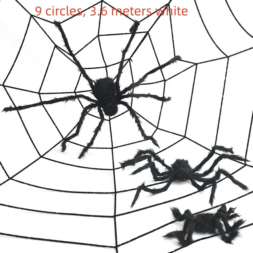 Halloween decoration set with 50cm black polyester spider and 3.6m white web circles