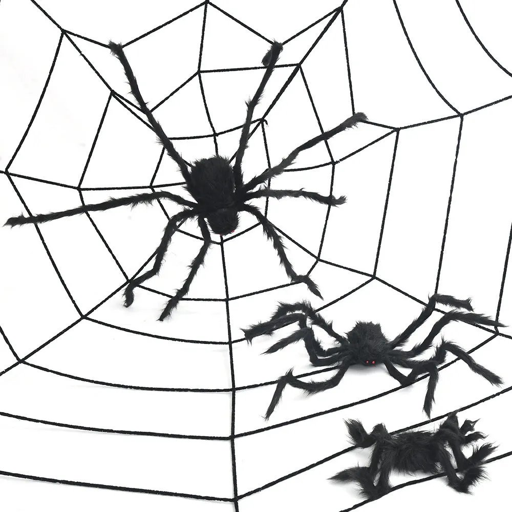Halloween decoration set with 50cm black polyester spider and 3.6m white web circles