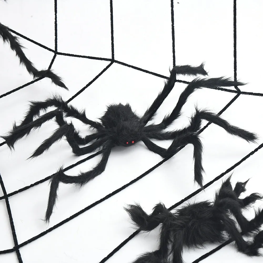 Halloween decoration set with 50cm black polyester spider and 3.6m white web circles