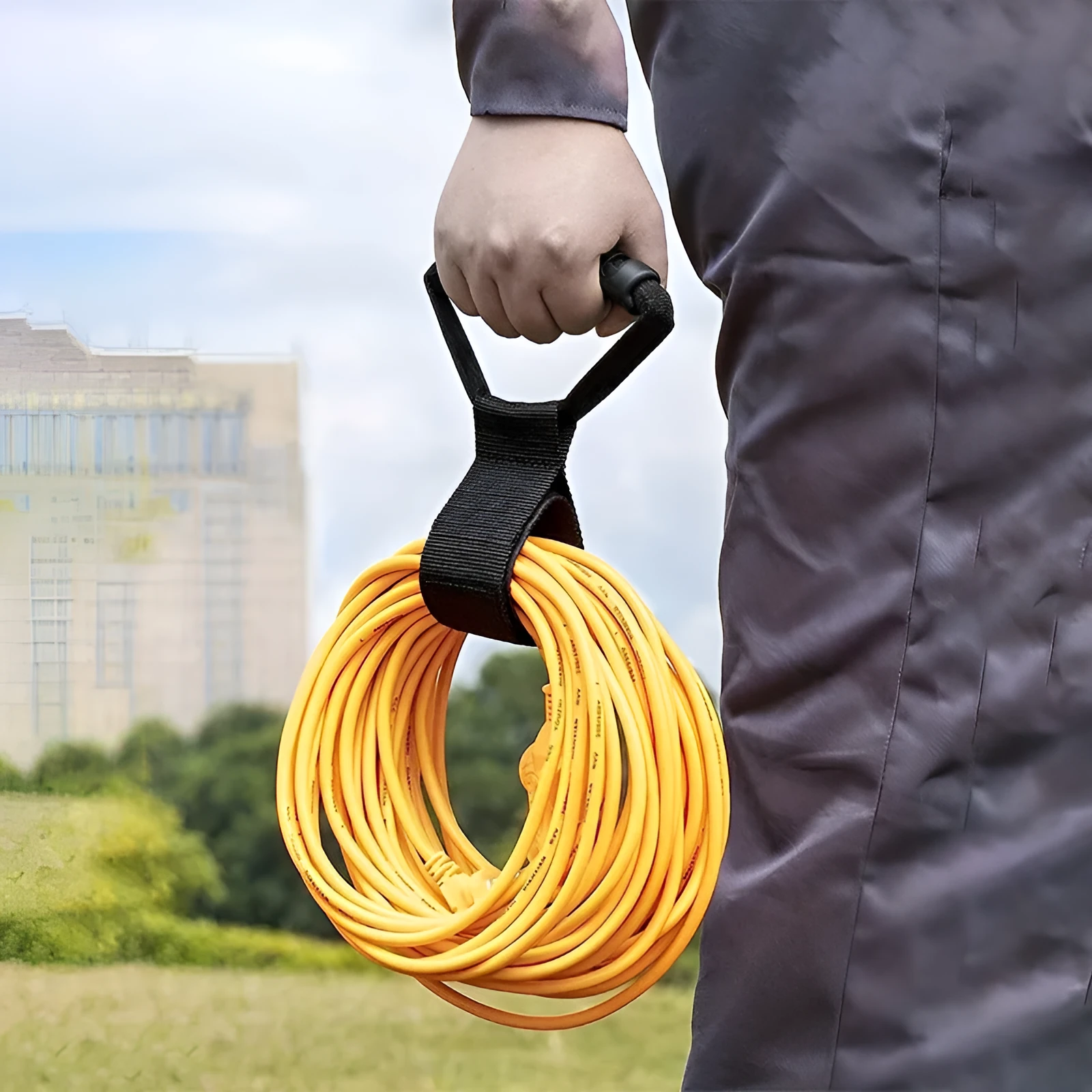 Portable heavy-duty nylon storage strap with Velcro handle in standard colour for outdoor gear organisation