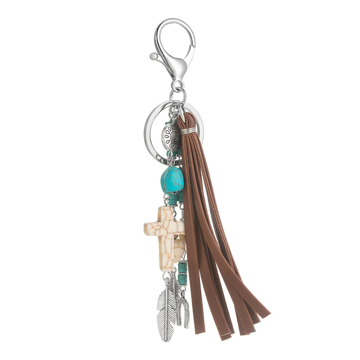 Cross alloy leather tassel pendant keychain in retro style, colour XY-3669, on a neutral background