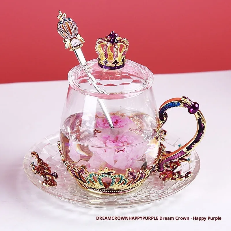 Household enamel cup crown flower tea cup set with heat-resistant glass cup, spoon, lid, and plate, round shape, 301-400ml