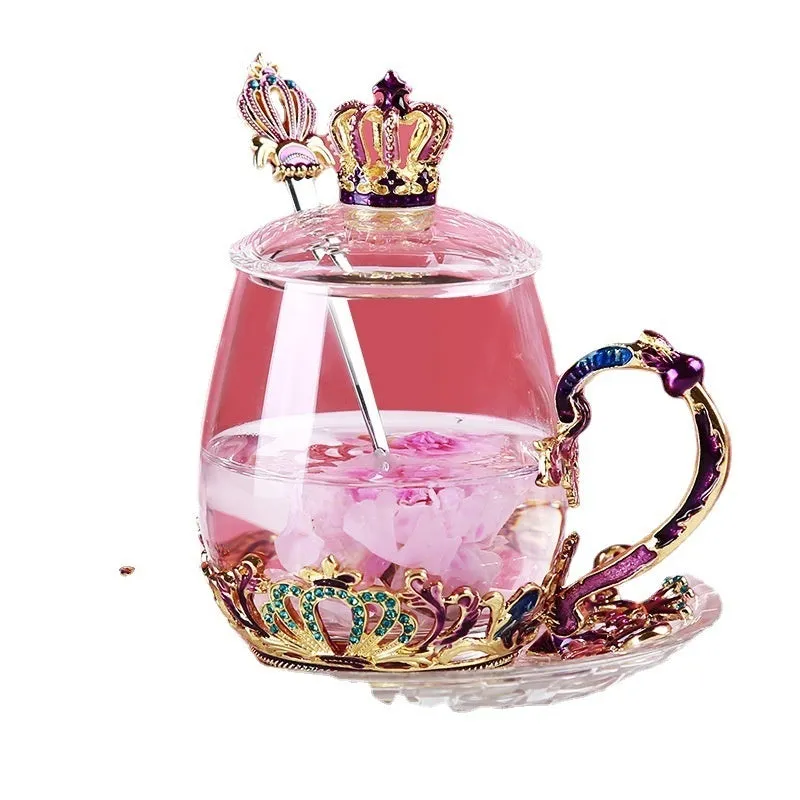 Household enamel cup crown flower tea cup set with heat-resistant glass cup, spoon, lid, and plate, round shape, 301-400ml