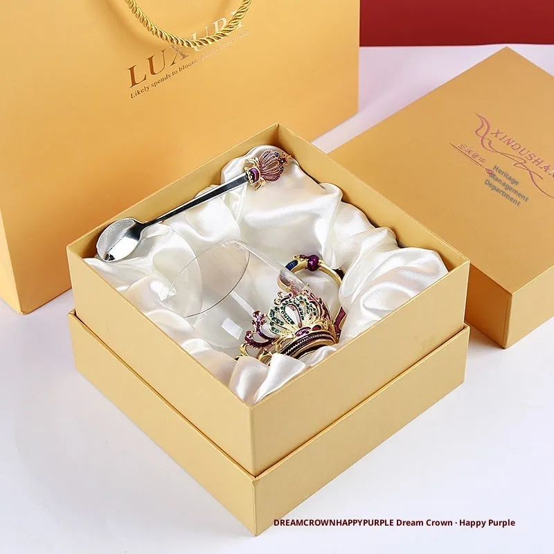 Household enamel cup crown flower tea cup set with heat-resistant glass cup, spoon, lid, and plate, round shape, 301-400ml