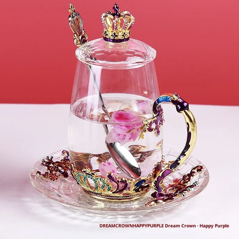 Household enamel cup crown flower tea cup set with heat-resistant glass cup, spoon, lid, and plate, round shape, 301-400ml