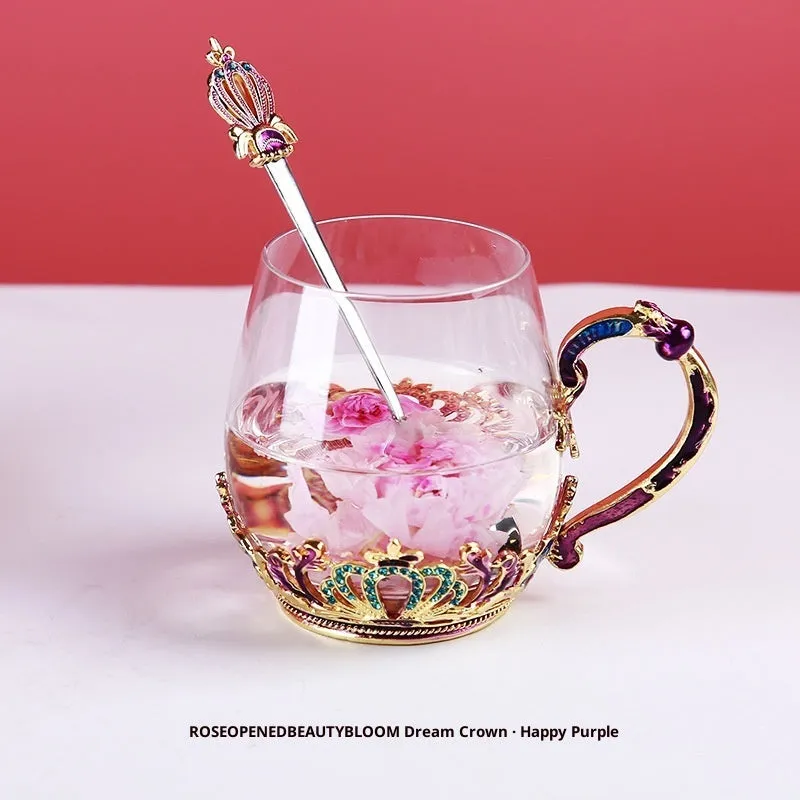 Household enamel cup crown flower tea cup set with heat-resistant glass cup, spoon, lid, and plate, round shape, 301-400ml