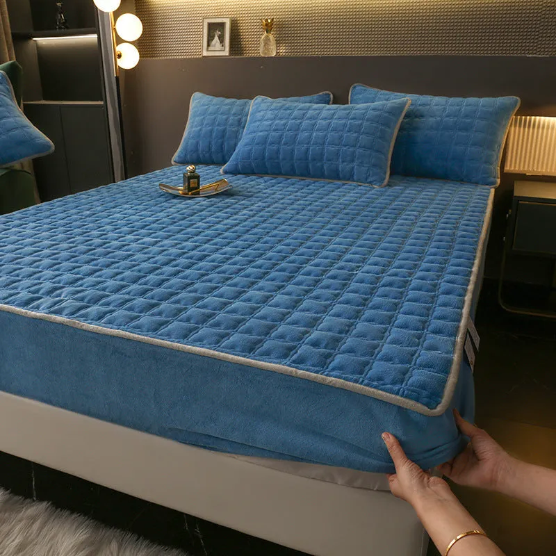 Fleece-lined milk fibre quilted fitted sheet for single bed winter thickened bedspread blue colour