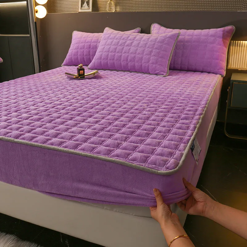 Fleece-lined milk fibre quilted fitted sheet for single bed winter thickened bedspread blue colour