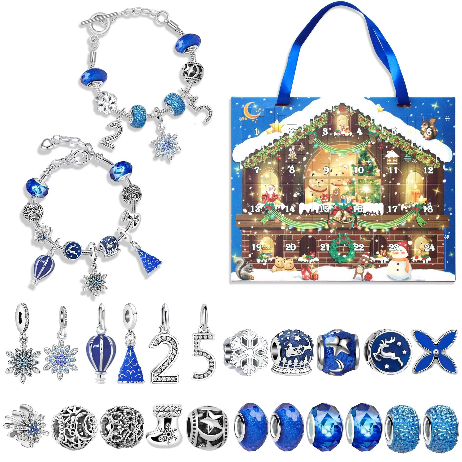 24 grid Christmas advent calendar countdown set with zinc alloy frame and bracelet blind box in blue colour