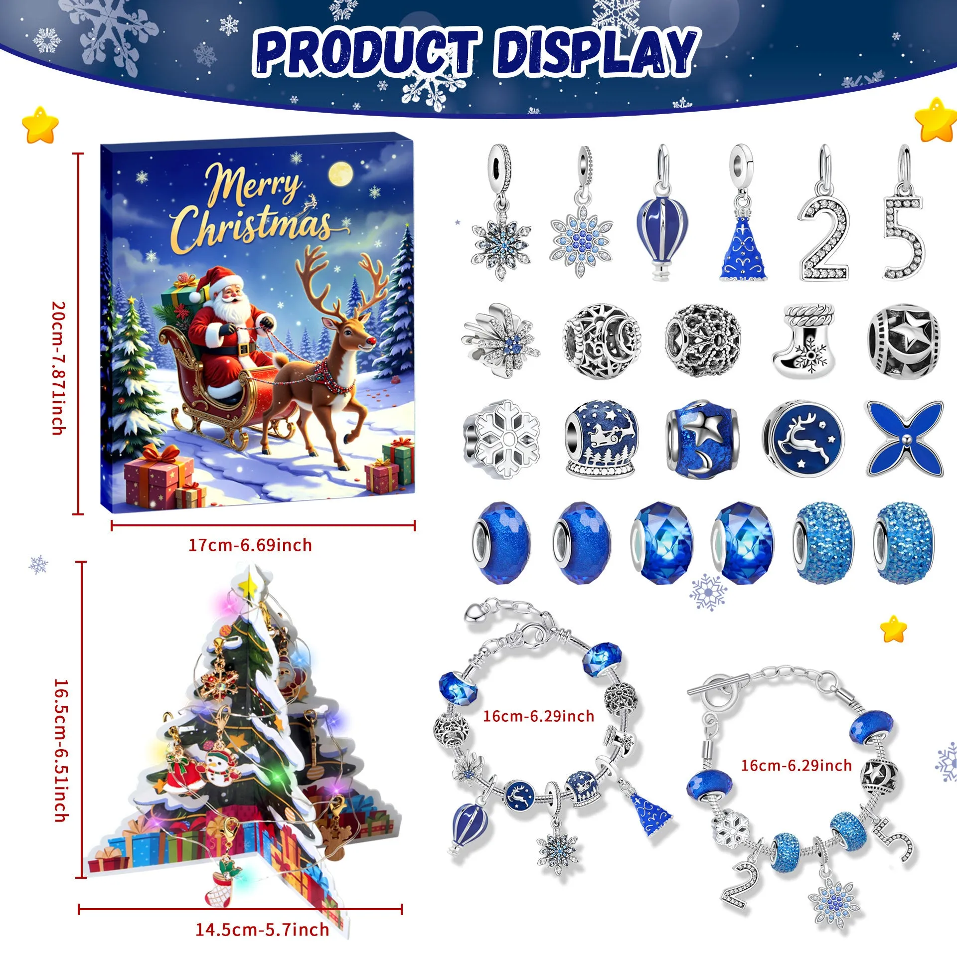 24 grid Christmas advent calendar countdown set with zinc alloy frame and bracelet blind box in blue colour