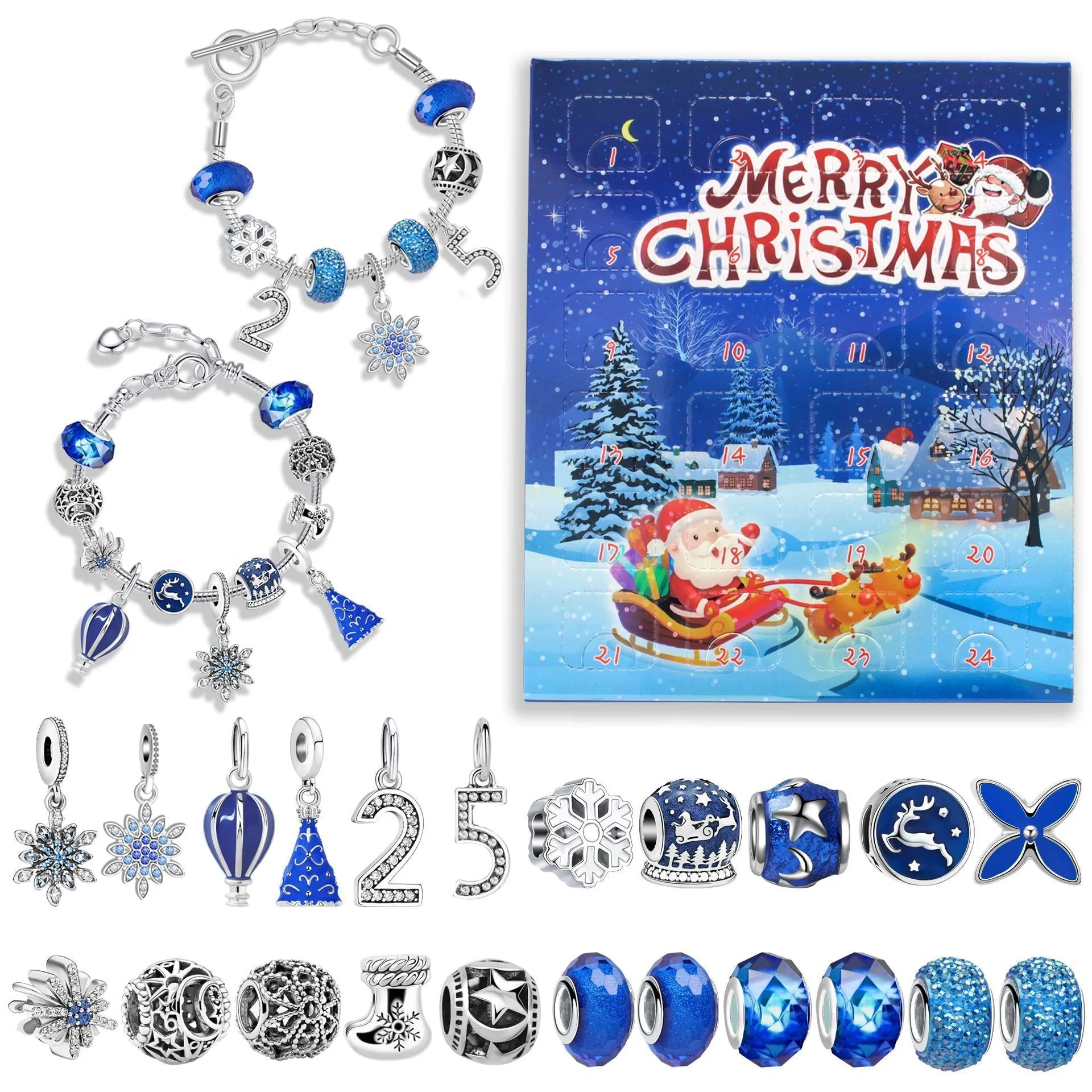24 grid Christmas advent calendar countdown set with zinc alloy frame and bracelet blind box in blue colour