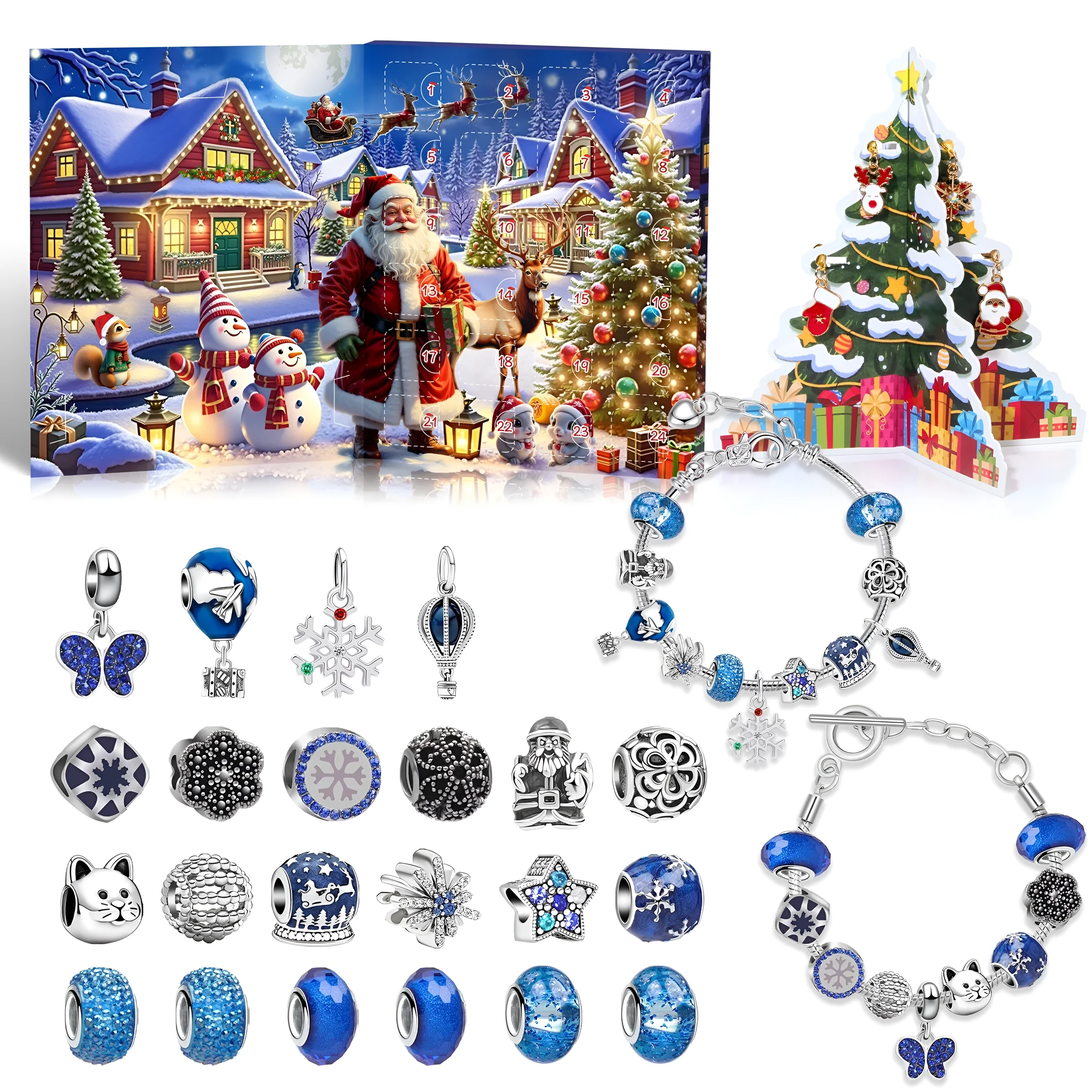 24 grid Christmas advent calendar countdown set with zinc alloy frame and bracelet blind box in blue colour