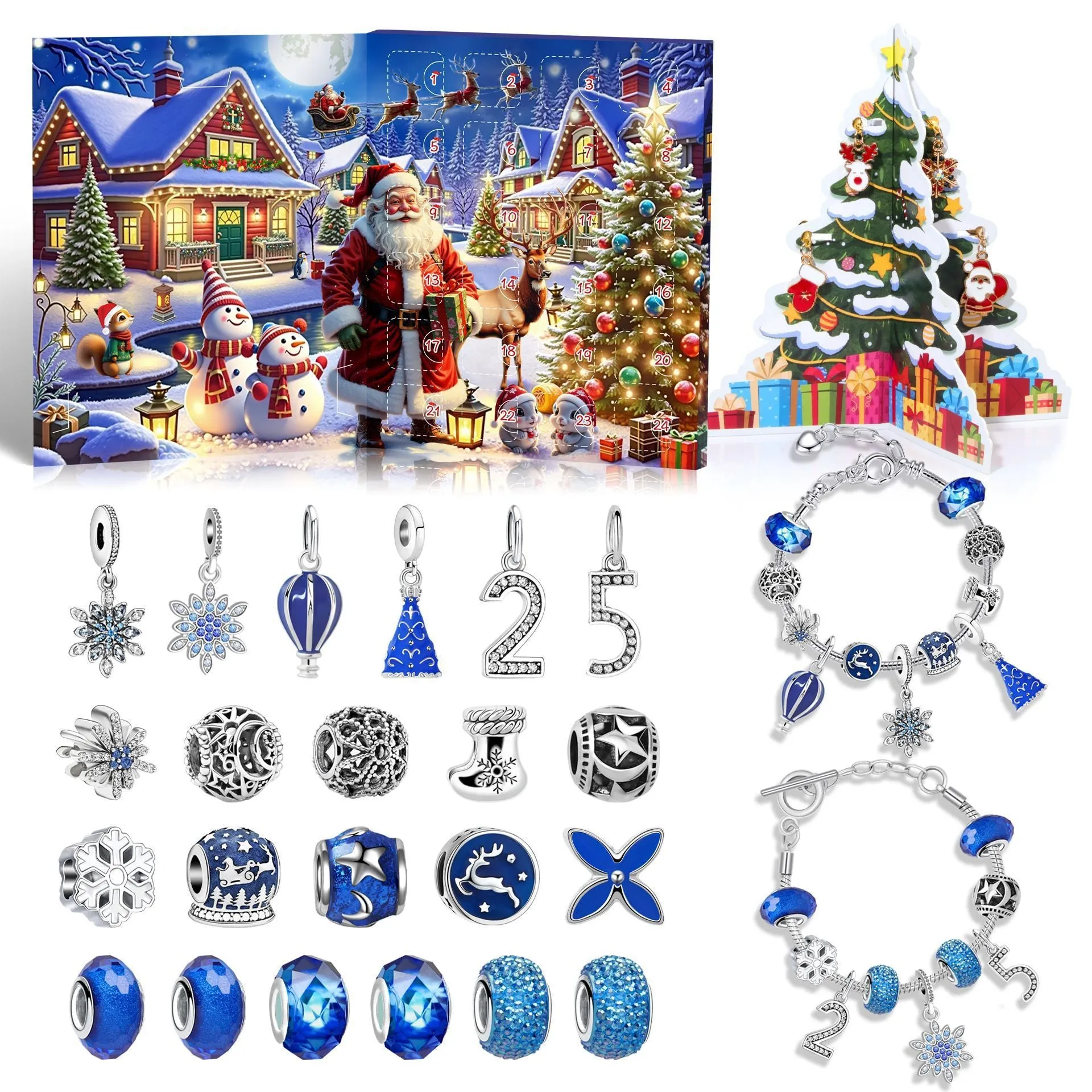 24 grid Christmas advent calendar countdown set with zinc alloy frame and bracelet blind box in blue colour