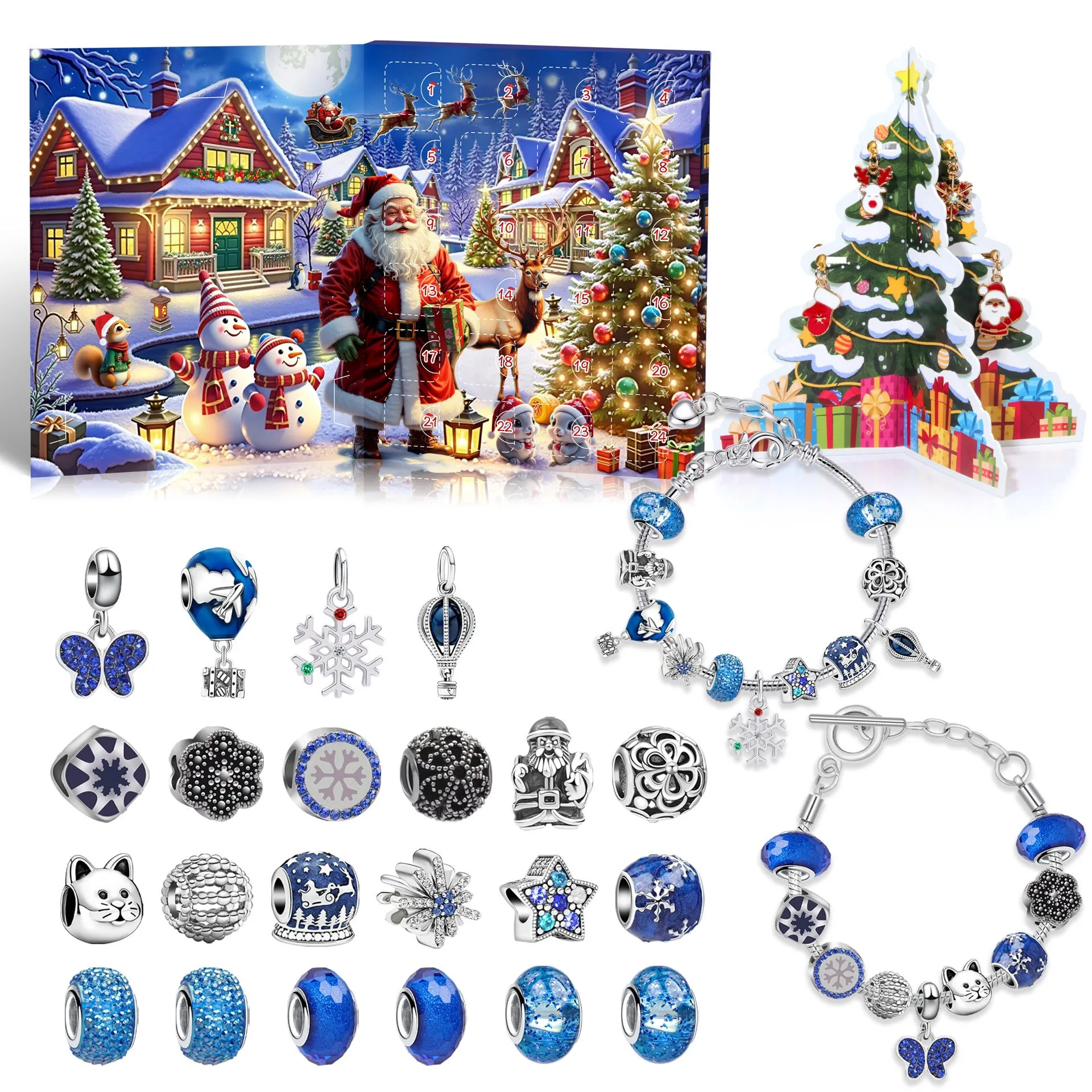 24 grid Christmas advent calendar countdown set with zinc alloy frame and bracelet blind box in blue colour