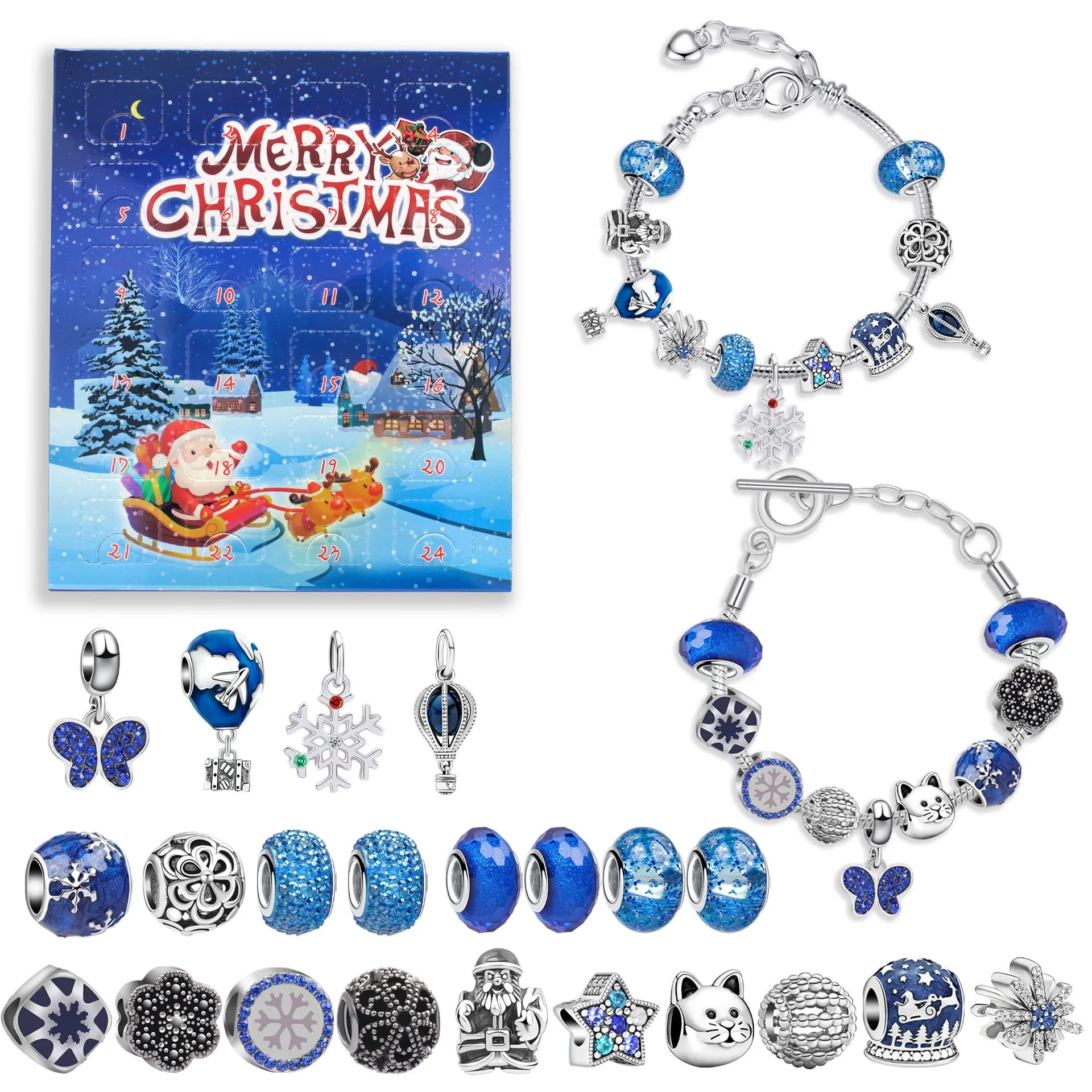 24 grid Christmas advent calendar countdown set with zinc alloy frame and bracelet blind box in blue colour