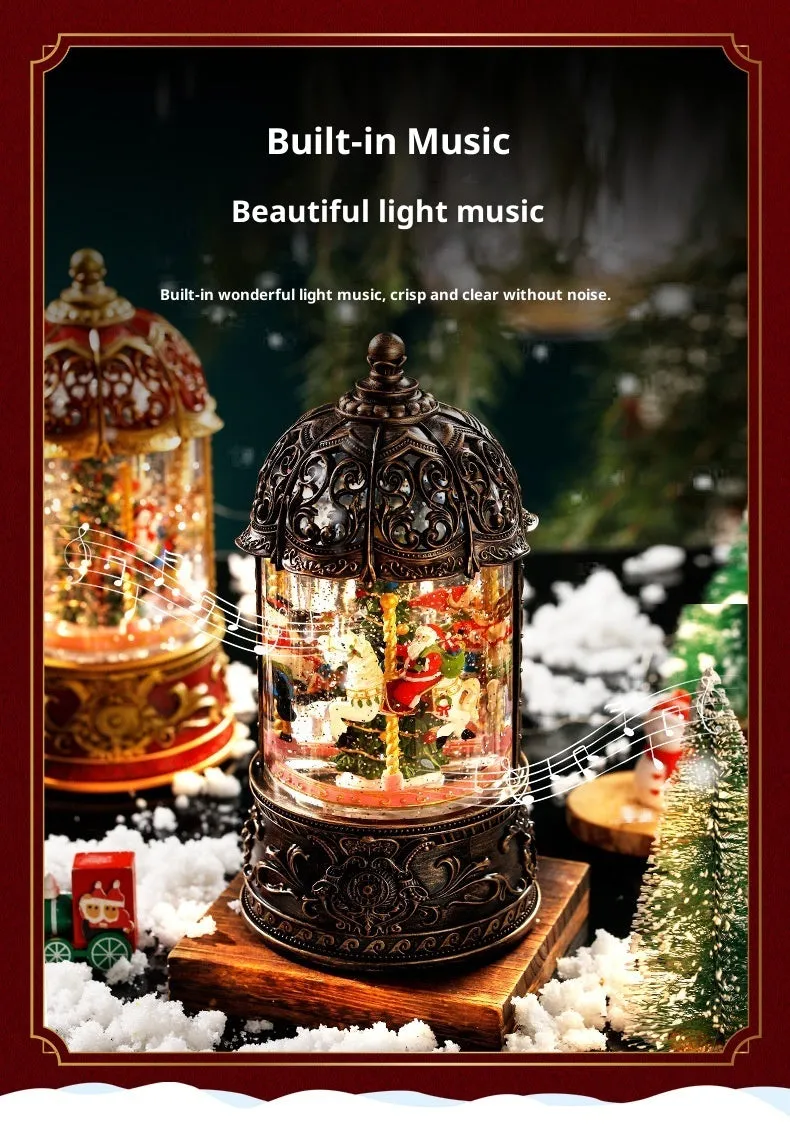 Christmas carousel music box plastic spinning ornament with old man and tree motif bronze finish