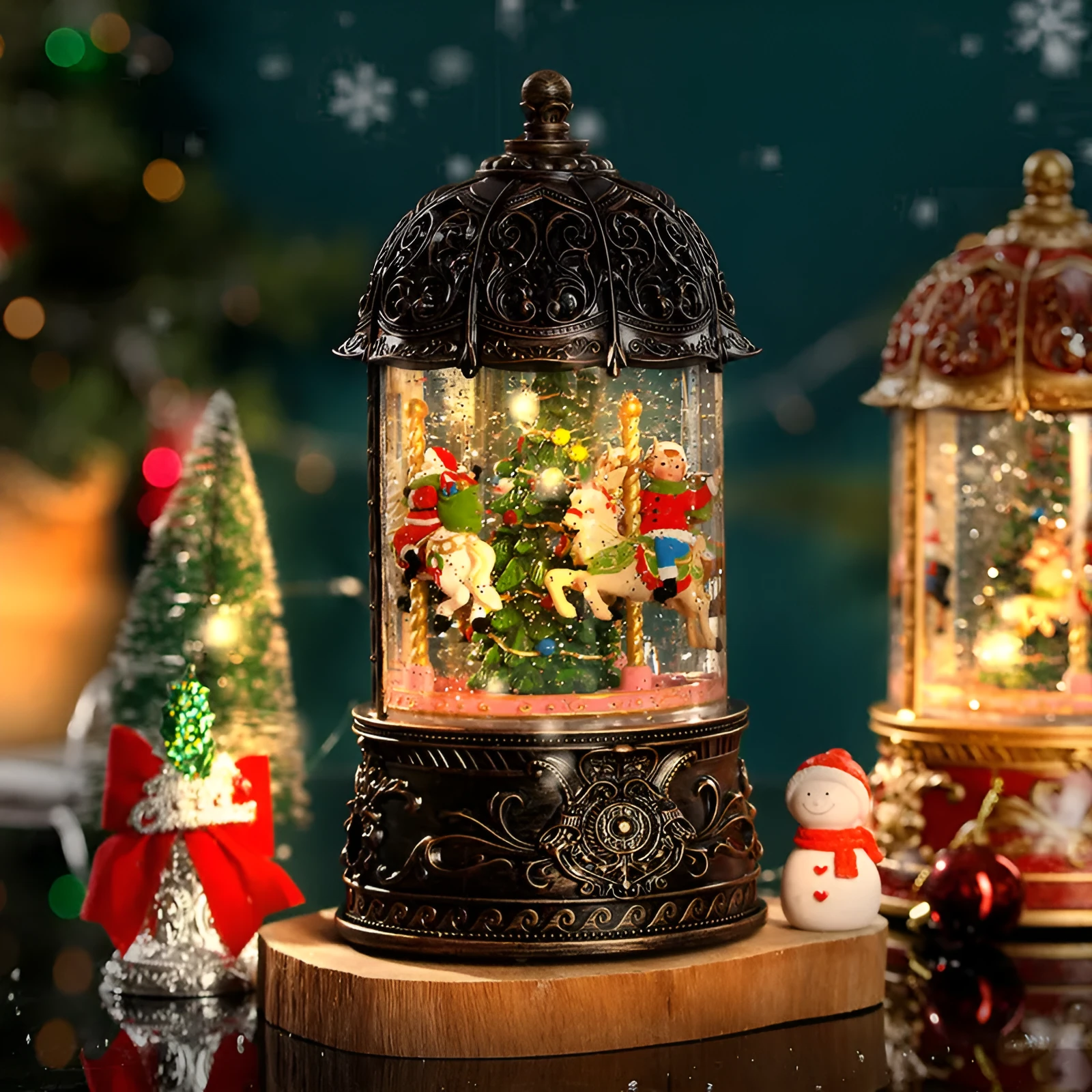 Christmas carousel music box plastic spinning ornament with old man and tree motif bronze finish