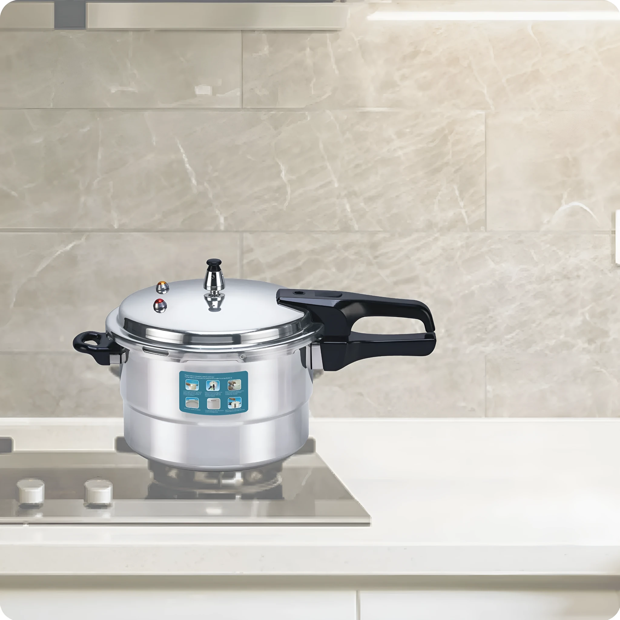 White universal pressure cooker 22cm 5L with aluminium alloy body and double sole bottom on induction hob