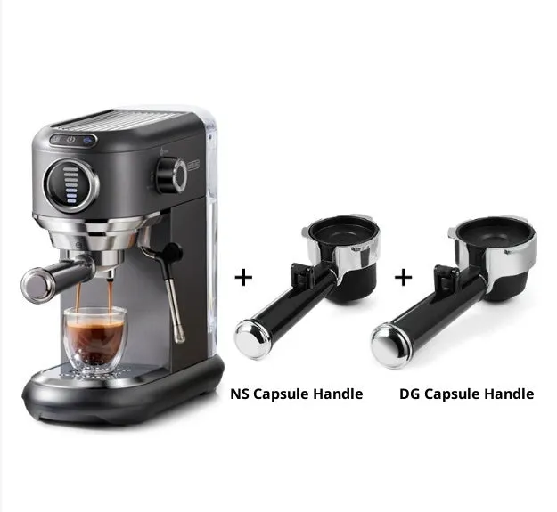 Espresso coffee machine in dark gray with steam wand and control panel on kitchen counter