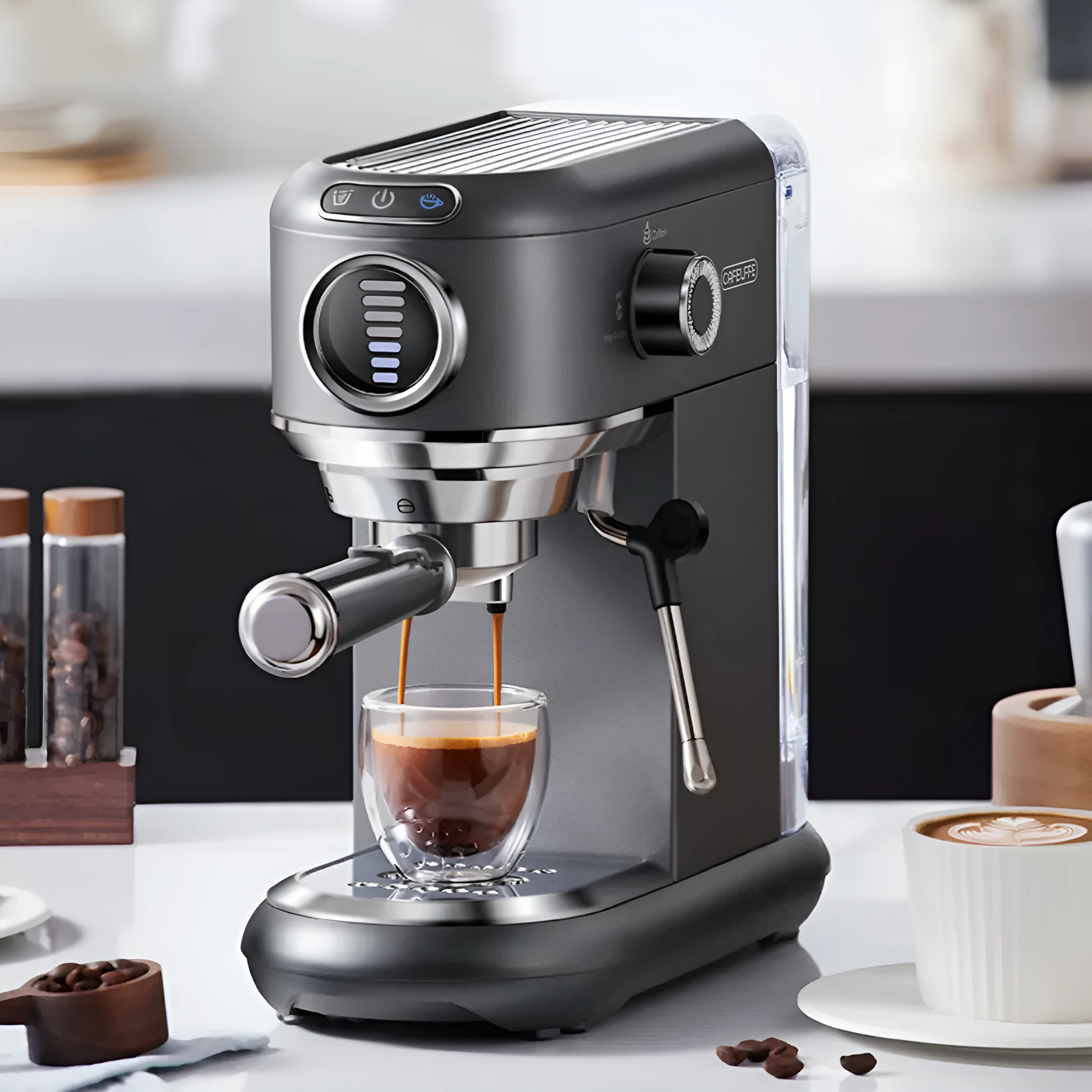 Espresso coffee machine in dark gray with steam wand and control panel on kitchen counter